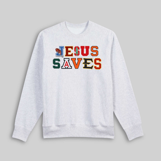 White sweatshirt with 'Jesus Saves' text on a gray background