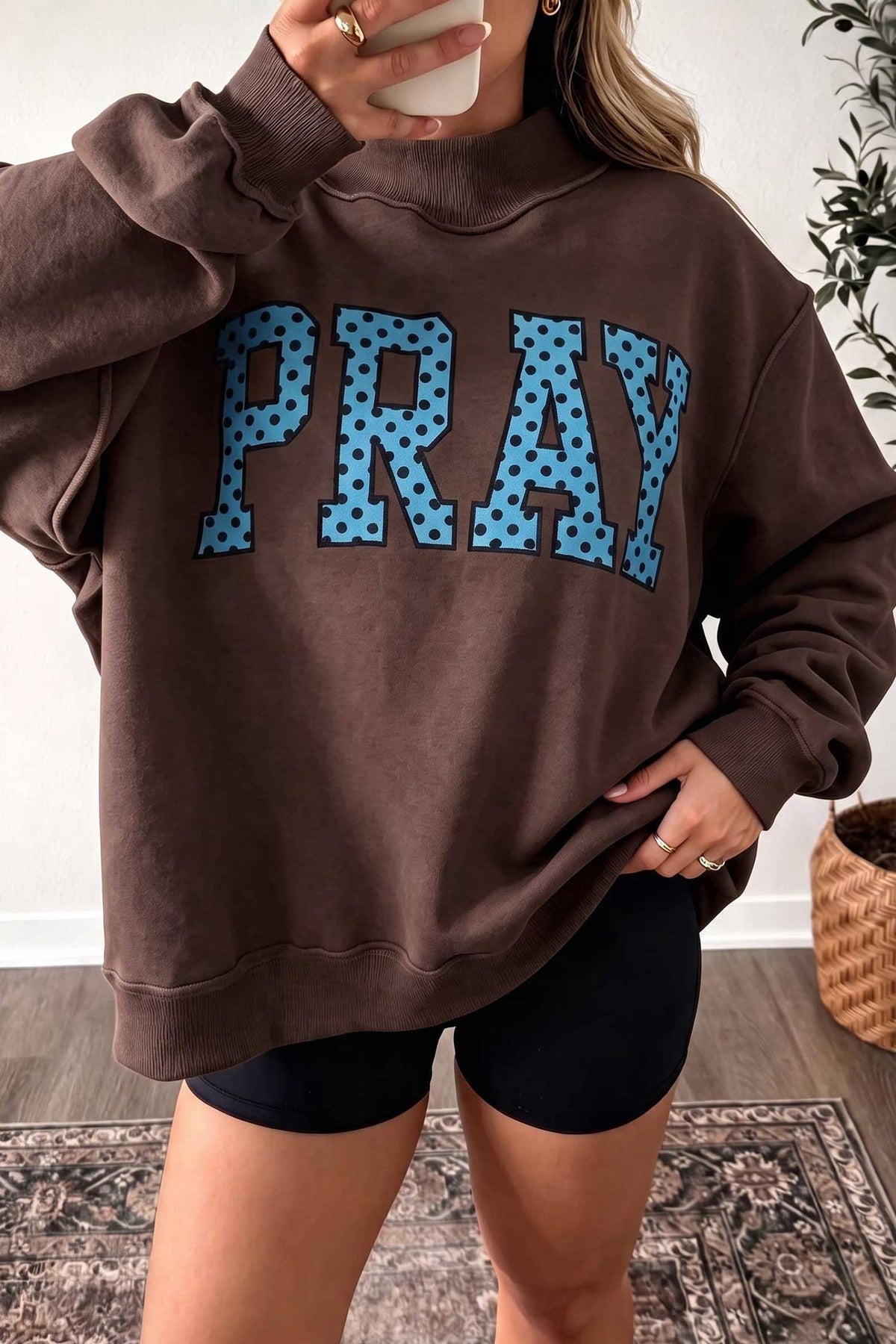 "PRAY" Embroidered Mock Neck Sweatshirt